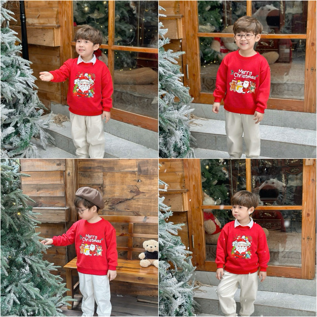Áo Nỉ Bông Dài Tay Bé Mặc Noel Giáng Sinh LCHA019 Màu Đỏ In Hình Xinh Xắn Size 80-140 (9-30kg)
