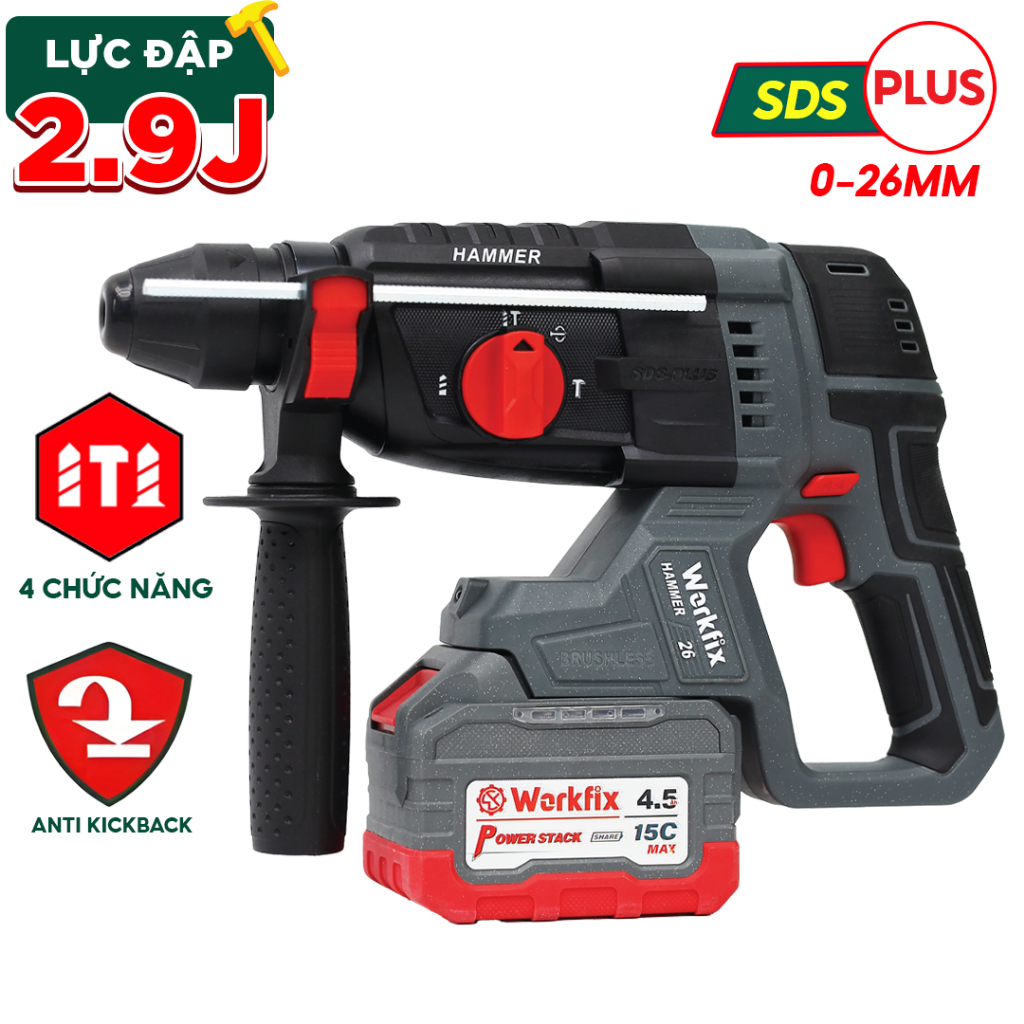 Máy Khoan 3 chức năng Workfix WF-RH2603CP Không chổi than, Máy khoan 13mm có autolock ruột đồng 100% Bảo Hành Chính Hãng