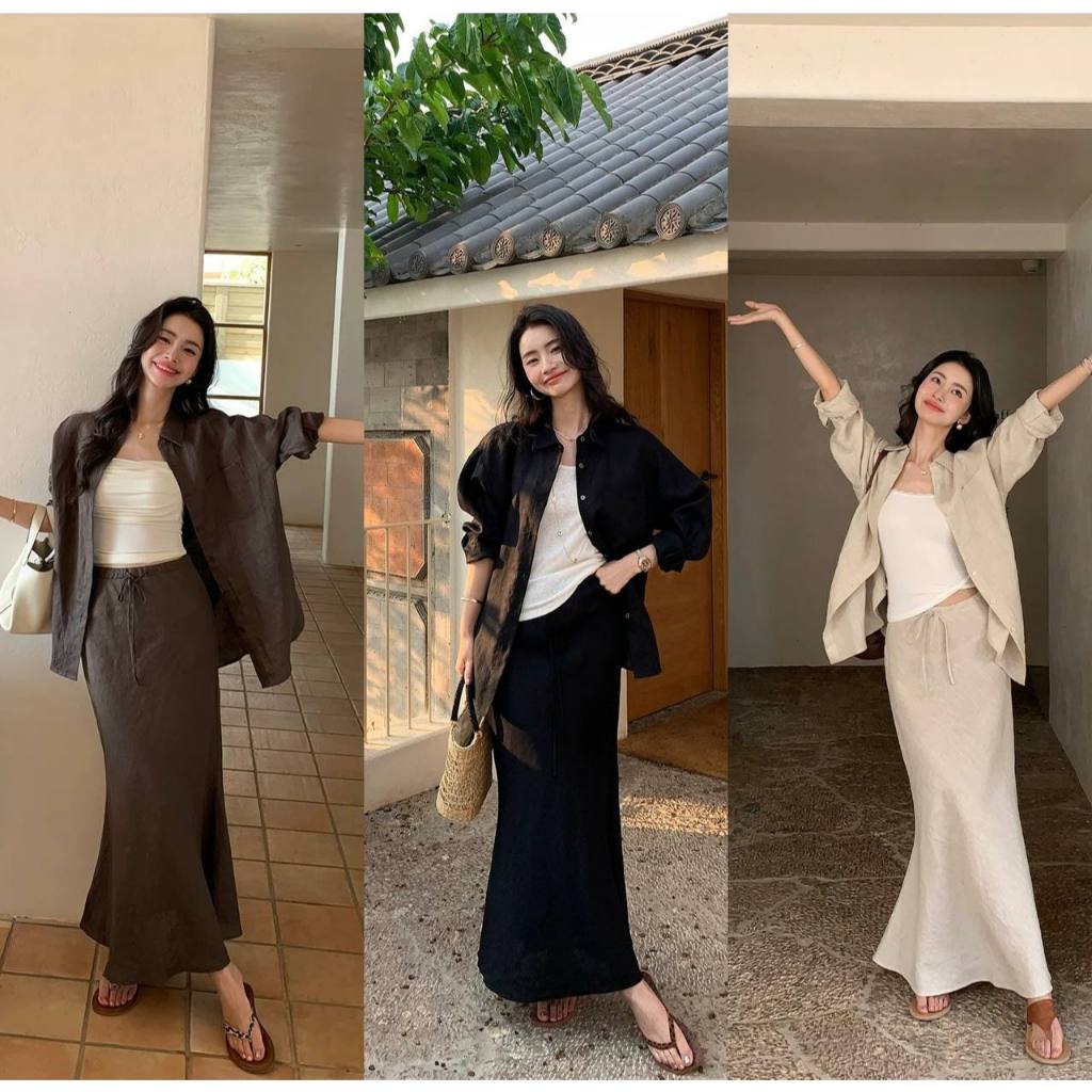 𝗖𝗮𝗿𝗮 𝗦𝗵𝗶𝗿𝘁 𝗟𝗶𝗻𝗲𝗻  - Chân váy Linen đuôi cá + Áo sơ mi BEELY