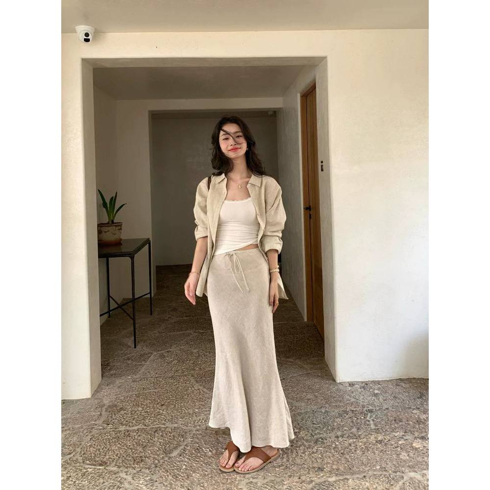 𝗖𝗮𝗿𝗮 𝗦𝗵𝗶𝗿𝘁 𝗟𝗶𝗻𝗲𝗻  - Chân váy Linen đuôi cá + Áo sơ mi BEELY