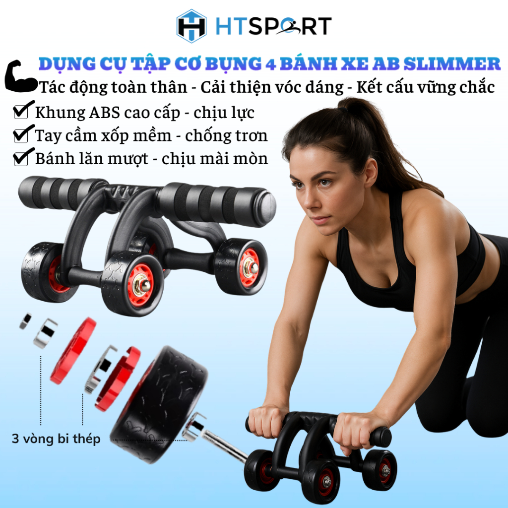 Con Lăn Tập Bụng, Dụng Cụ Tập Cơ Bụng Tập Gym Thể Dục Tại Nhà 4 Bánh Xe AB Slimmer