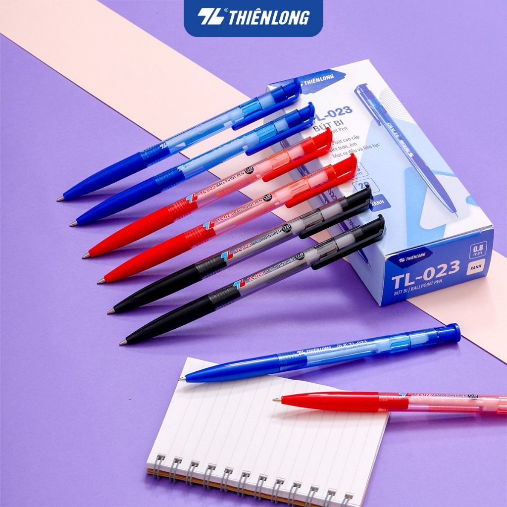 Bút bi Thiên Long TL-023 ngòi 0.8mm mực 3 màu xanh/đỏ/đen nét mực đều đậm