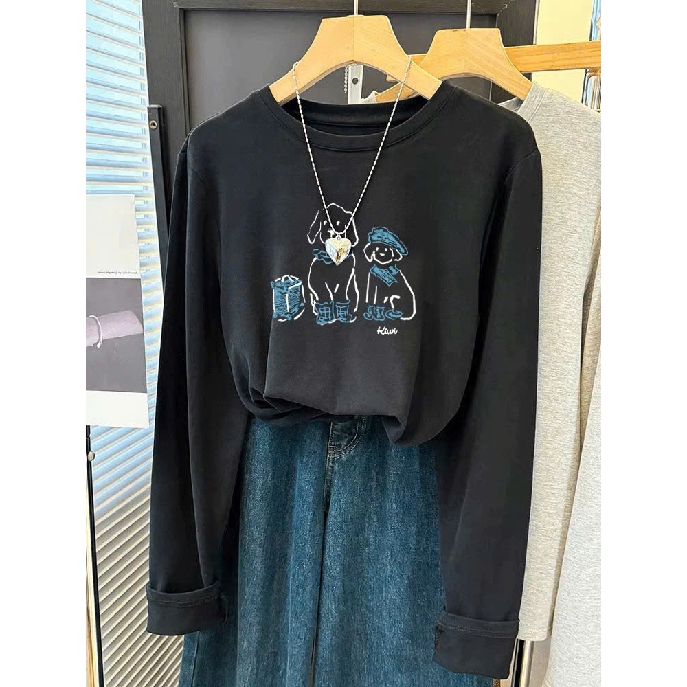 Áo thun nữ tay dài Basic dáng vừa, in hình JUY FAFION, Áo thun dài tay chất vải cotton chính phẩm dày dặn, mặc Thu Đông