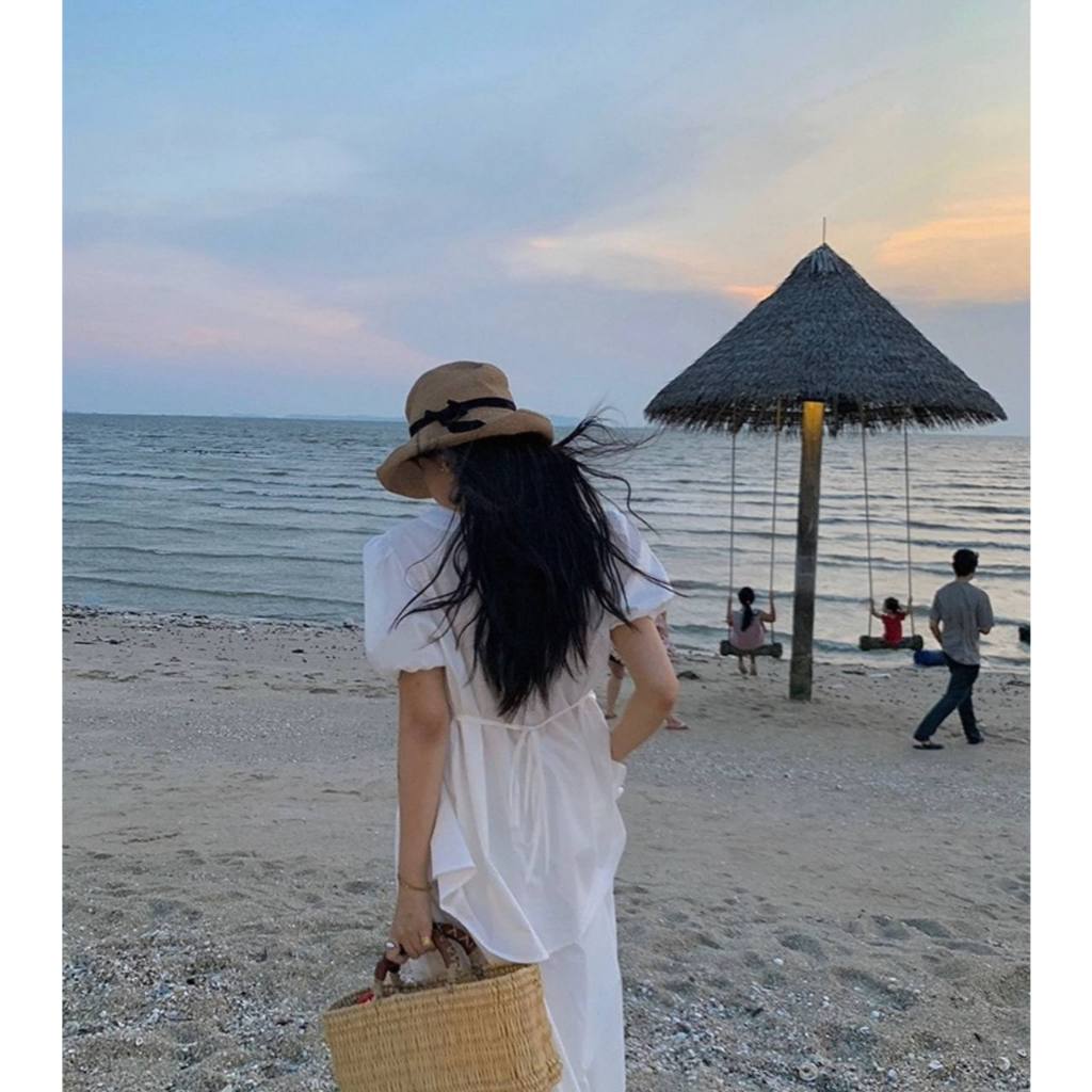 𝗧𝗼𝗻𝗶 - Áo Linen cổ V viền ren tay phồng thắt nơ BEELY