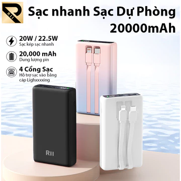 RII Sạc Dự Phòng 20000mah Sạc Nhanh PD 22.5W, Sạc Đầy Hơn 3 Lần, Có Nối Sẵn Dây Sạc Nhanh