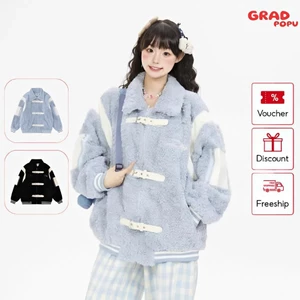 Áo khoác lông cừu retro Mỹ nữ GRADPOPU dài vừa dày dặn ấm áp cài nút da sang trọng mùa đông AK86