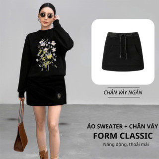 Set Bộ Nỉ Nữ Thu Đông CHEPOL Cổ Tròn, In Họa Tiết Hoa, Chất Nỉ Chân Cua Cao Cấp (Áo Sweater Đen + Chân Váy Đen)-CP_15771