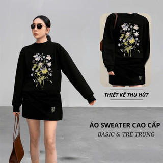 Set Bộ Nỉ Nữ Thu Đông CHEPOL Cổ Tròn, In Họa Tiết Hoa, Chất Nỉ Chân Cua Cao Cấp (Áo Sweater Đen + Chân Váy Đen)-CP_15771