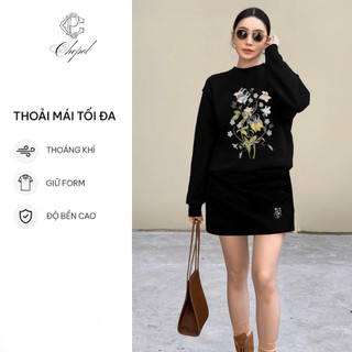 Set Bộ Nỉ Nữ Thu Đông CHEPOL Cổ Tròn, In Họa Tiết Hoa, Chất Nỉ Chân Cua Cao Cấp (Áo Sweater Đen + Chân Váy Đen)-CP_15771