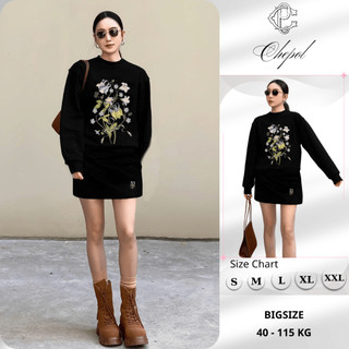 Set Bộ Nỉ Nữ Thu Đông CHEPOL Cổ Tròn, In Họa Tiết Hoa, Chất Nỉ Chân Cua Cao Cấp (Áo Sweater Đen + Chân Váy Đen)-CP_15771