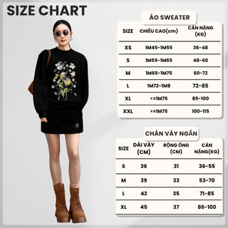 Set Bộ Nỉ Nữ Thu Đông CHEPOL Cổ Tròn, In Họa Tiết Hoa, Chất Nỉ Chân Cua Cao Cấp (Áo Sweater Đen + Chân Váy Đen)-CP_15771