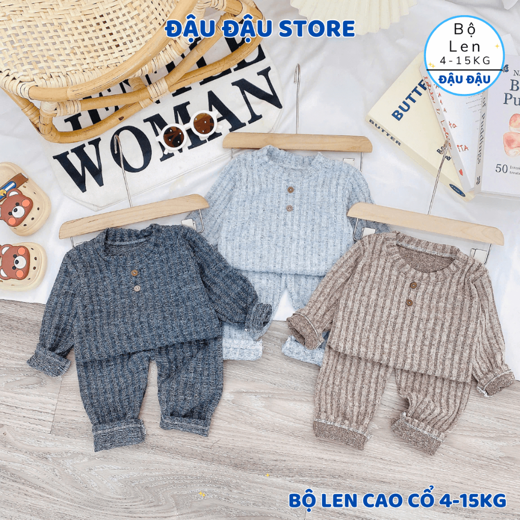 (Set 2-3) Bộ dài tay len lông xù, len tăm đũa cổ cao giữ ấm cho bé trai bé gái 5-15kg co giãn 4 chiều - Đậu Đậu Store