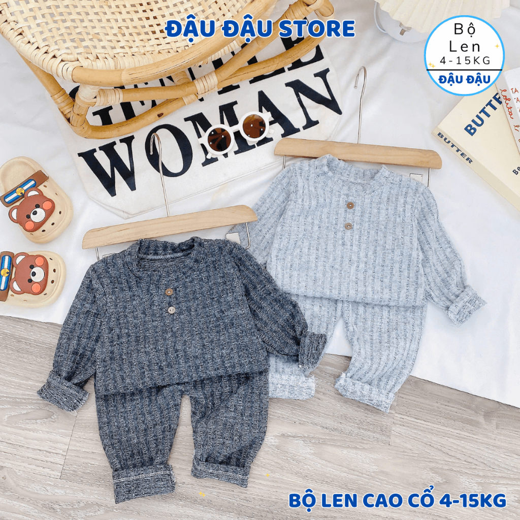 (Set 2-3) Bộ dài tay len lông xù, len tăm đũa cổ cao giữ ấm cho bé trai bé gái 5-15kg co giãn 4 chiều - Đậu Đậu Store