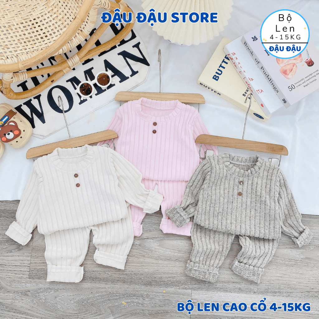 (Set 2-3) Bộ dài tay len lông xù, len tăm đũa cổ cao giữ ấm cho bé trai bé gái 5-15kg co giãn 4 chiều - Đậu Đậu Store