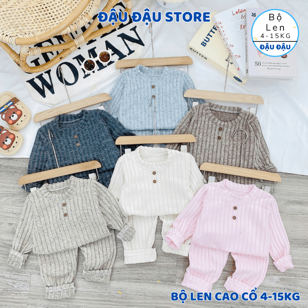 (Set 2-3) Bộ dài tay len lông xù, len tăm đũa cổ cao giữ ấm cho bé trai bé gái 5-15kg co giãn 4 chiều - Đậu Đậu Store