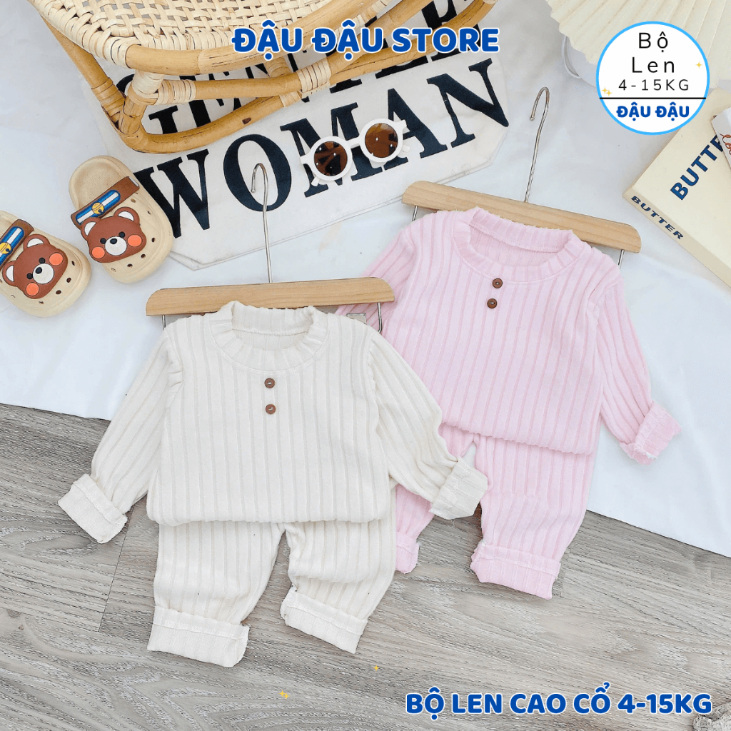 (Set 2-3) Bộ dài tay len lông xù, len tăm đũa cổ cao giữ ấm cho bé trai bé gái 5-15kg co giãn 4 chiều - Đậu Đậu Store
