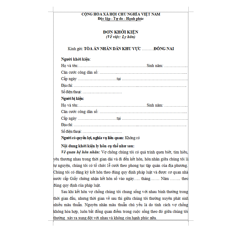 ĐƠN LY HÔN ĐƠN PHƯƠNG DÙNG RIÊNG TẠI ĐỒNG NAI 02 BẢN SOẠN SẴN DÙNG LUÔN 2025