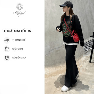 Set Bộ Nỉ Nữ Thu Đông CHEPOL Cổ Tròn, In Họa Tiết, Chất Nỉ Chân Cua Cao Cấp( Áo Sweater Đen + Chân Váy Đuôi Cá)-CP_14606