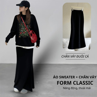 Set Bộ Nỉ Nữ Thu Đông CHEPOL Cổ Tròn, In Họa Tiết, Chất Nỉ Chân Cua Cao Cấp( Áo Sweater Đen + Chân Váy Đuôi Cá)-CP_14606