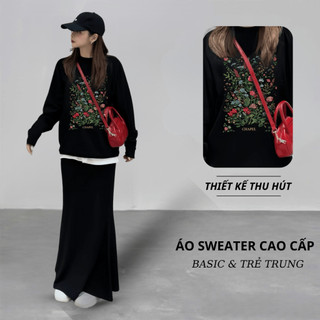 Set Bộ Nỉ Nữ Thu Đông CHEPOL Cổ Tròn, In Họa Tiết, Chất Nỉ Chân Cua Cao Cấp( Áo Sweater Đen + Chân Váy Đuôi Cá)-CP_14606