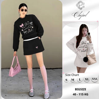 Set Bộ Nỉ Nữ Thu Đông CHEPOL Cổ Tròn, In Nơ, Chất Nỉ Chân Cua Cao Cấp, Dày Dặn( Áo Sweater Đen + Chân Váy Đen )-CP_15334
