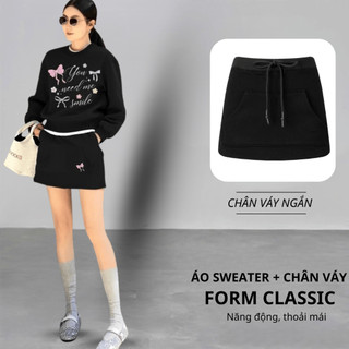 Set Bộ Nỉ Nữ Thu Đông CHEPOL Cổ Tròn, In Nơ, Chất Nỉ Chân Cua Cao Cấp, Dày Dặn( Áo Sweater Đen + Chân Váy Đen )-CP_15334