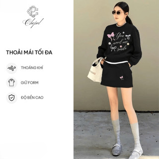 Set Bộ Nỉ Nữ Thu Đông CHEPOL Cổ Tròn, In Nơ, Chất Nỉ Chân Cua Cao Cấp, Dày Dặn( Áo Sweater Đen + Chân Váy Đen )-CP_15334