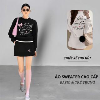 Set Bộ Nỉ Nữ Thu Đông CHEPOL Cổ Tròn, In Nơ, Chất Nỉ Chân Cua Cao Cấp, Dày Dặn( Áo Sweater Đen + Chân Váy Đen )-CP_15334