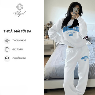 Set Bộ Nỉ Nữ Thu Đông CHEPOL Cổ Tròn, In Chữ Nổi, Chất Nỉ Chân Cua Cao Cấp ( Áo Sweater Đen + Quần Dài Đen ) - CP_x2454