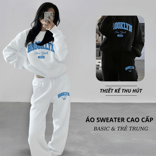 Set Bộ Nỉ Nữ Thu Đông CHEPOL Cổ Tròn, In Chữ Nổi, Chất Nỉ Chân Cua Cao Cấp ( Áo Sweater Đen + Quần Dài Đen ) - CP_x2454