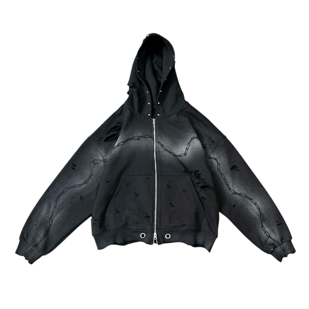 Áo Hoodie Zip Nỉ Chân Cua Custom Nhuộm Rách Đính Charm Kim Loại 420gsm ...