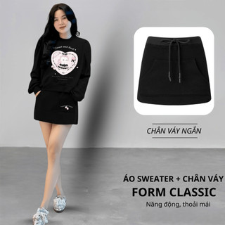 Set Bộ Nỉ Nữ Thu Đông CHEPOL Cổ Tròn, In Trái tim, Chất Nỉ Chân Cua Cao Cấp ( Áo Sweater Đen + Chân Váy Đen ) - CPN244