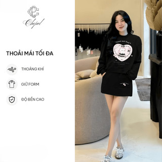 Set Bộ Nỉ Nữ Thu Đông CHEPOL Cổ Tròn, In Trái tim, Chất Nỉ Chân Cua Cao Cấp ( Áo Sweater Đen + Chân Váy Đen ) - CPN244