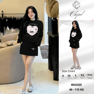 Set Bộ Nỉ Nữ Thu Đông CHEPOL Cổ Tròn, In Trái tim, Chất Nỉ Chân Cua Cao Cấp ( Áo Sweater Đen + Chân Váy Đen ) - CPN244