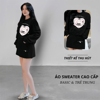 Set Bộ Nỉ Nữ Thu Đông CHEPOL Cổ Tròn, In Trái tim, Chất Nỉ Chân Cua Cao Cấp ( Áo Sweater Đen + Chân Váy Đen ) - CPN244