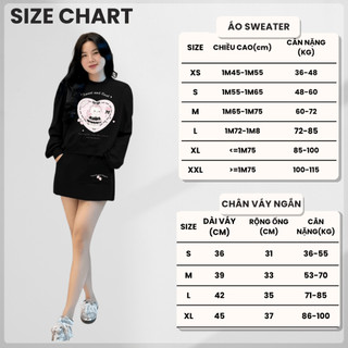 Set Bộ Nỉ Nữ Thu Đông CHEPOL Cổ Tròn, In Trái tim, Chất Nỉ Chân Cua Cao Cấp ( Áo Sweater Đen + Chân Váy Đen ) - CPN244