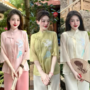 Set Pháp Phục Tơ 2 Lớp Thêu Hạc Cổ Trụ Nút Tết, Set Lam Thêu Hạc Đi Chùa | Đồ Lam An Nhiên