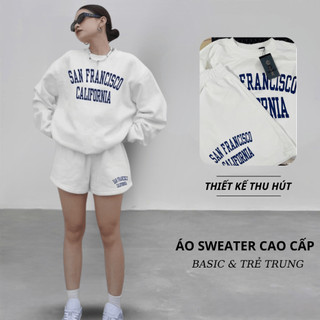 Set Bộ Nỉ Nữ Thu Đông CHEPOL Cổ Tròn, In Chữ Nổi, Chất Nỉ Chân Cua Cao Cấp( Áo Sweater Trắng + Quần Đùi Trắng )-CP_13495