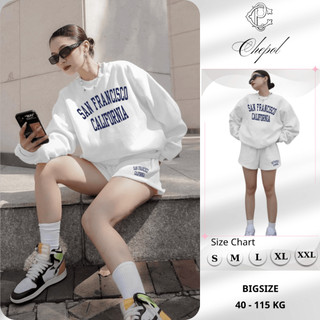 Set Bộ Nỉ Nữ Thu Đông CHEPOL Cổ Tròn, In Chữ Nổi, Chất Nỉ Chân Cua Cao Cấp( Áo Sweater Trắng + Quần Đùi Trắng )-CP_13495