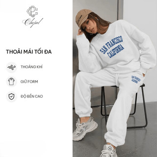 Set Bộ Nỉ Nữ Thu Đông CHEPOL Cổ Tròn, In Chữ Nổi, Chất Nỉ Chân Cua Cao Cấp( Áo Sweater Trắng + Quần Đùi Trắng )-CP_13495