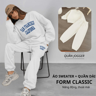 Set Bộ Nỉ Nữ Thu Đông CHEPOL Cổ Tròn, In Chữ Nổi, Chất Nỉ Chân Cua Cao Cấp( Áo Sweater Trắng + Quần Đùi Trắng )-CP_13495