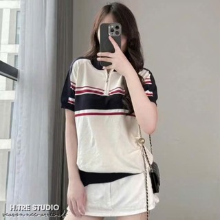 Áo Len Ngắn Tay Kéo Khóa Kẻ Ngang Phối Màu QCCC Cao Cấp