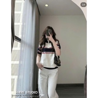 Áo Len Ngắn Tay Kéo Khóa Kẻ Ngang Phối Màu QCCC Cao Cấp