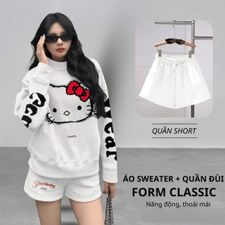 Set Bộ Nỉ Nữ Thu Đông CHEPOL Cổ Tròn, In Cô Mèo, Chất Nỉ Chân Cua Cao Cấp ( Áo Sweater Trắng + Quần Đùi Trắng )-CP_x1170