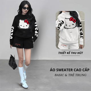Set Bộ Nỉ Nữ Thu Đông CHEPOL Cổ Tròn, In Cô Mèo, Chất Nỉ Chân Cua Cao Cấp ( Áo Sweater Trắng + Quần Đùi Trắng )-CP_x1170