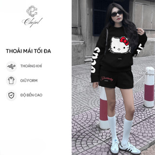 Set Bộ Nỉ Nữ Thu Đông CHEPOL Cổ Tròn, In Cô Mèo, Chất Nỉ Chân Cua Cao Cấp ( Áo Sweater Trắng + Quần Đùi Trắng )-CP_x1170