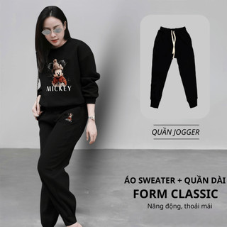 Set Bộ Nỉ Nữ Thu Đông CHEPOL Cổ Tròn, In Chuột Mickey, Chất Nỉ Chân Cua Cao Cấp (Áo Sweater Đen + Quần Dài Đen)-CP_14871
