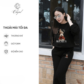 Set Bộ Nỉ Nữ Thu Đông CHEPOL Cổ Tròn, In Chuột Mickey, Chất Nỉ Chân Cua Cao Cấp (Áo Sweater Đen + Quần Dài Đen)-CP_14871