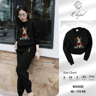 Set Bộ Nỉ Nữ Thu Đông CHEPOL Cổ Tròn, In Chuột Mickey, Chất Nỉ Chân Cua Cao Cấp (Áo Sweater Đen + Quần Dài Đen)-CP_14871