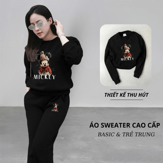 Set Bộ Nỉ Nữ Thu Đông CHEPOL Cổ Tròn, In Chuột Mickey, Chất Nỉ Chân Cua Cao Cấp (Áo Sweater Đen + Quần Dài Đen)-CP_14871